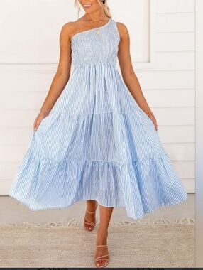 Anrabess One Shoulder Smocked Ruffle Tiered Boho Light Blue Dress Size Large